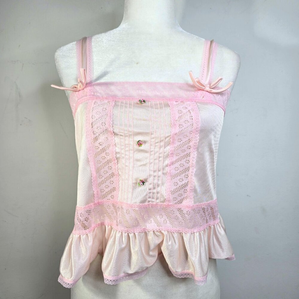 Vintage Y2K Pink Coquette Dainty Babydoll Shiny Satin Nylon Lace Peplum Cami Top